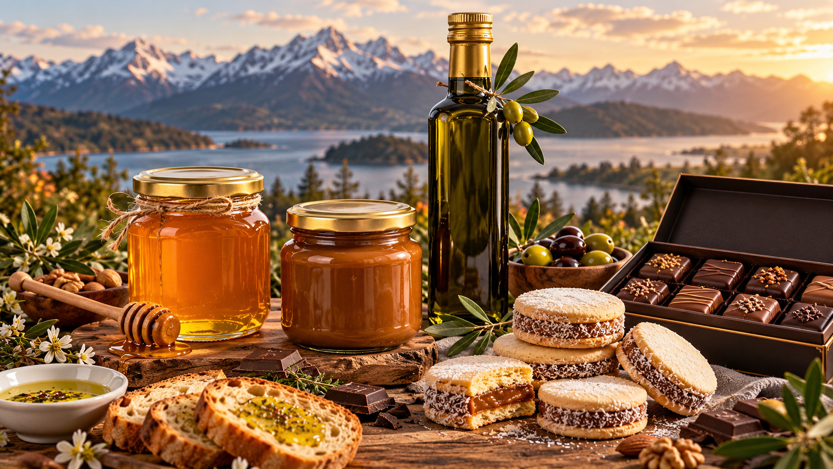 Selección gourmet: dulce de leche, miel, aceite de oliva, chocolates y alfajores con paisaje patagónico