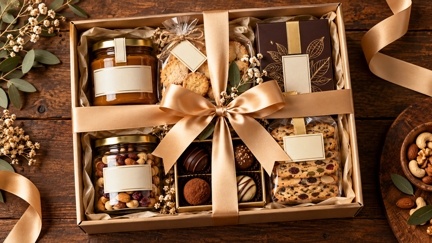 Caja de regalos corporativos con selección de productos gourmet y cinta champán
