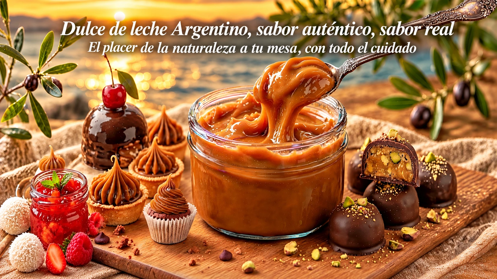 Dulce de leche argentino y delicias artesanales junto al mar al atardecer