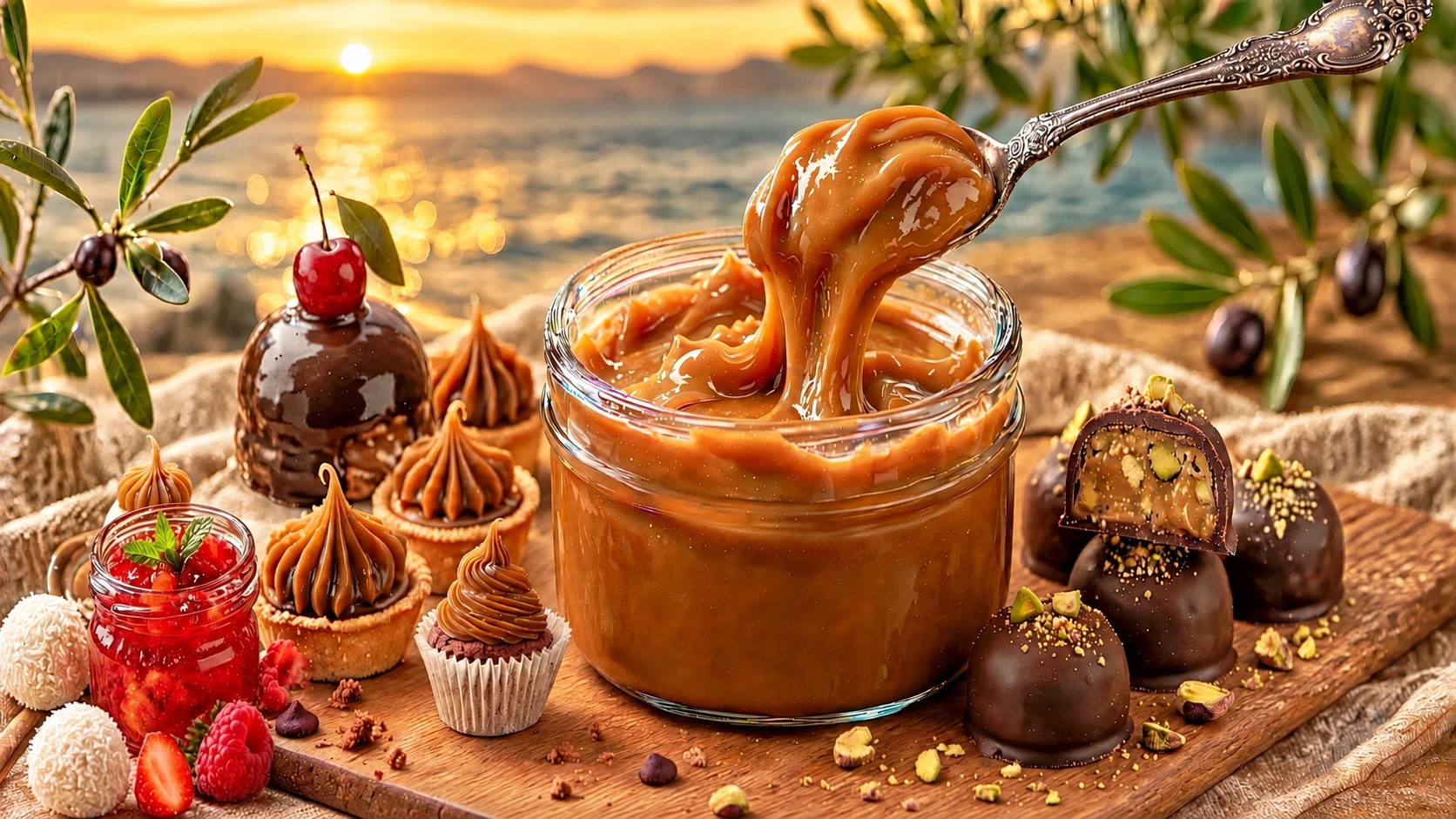 Argentine dulce de leche with traditional confectionery by the sea at sunset